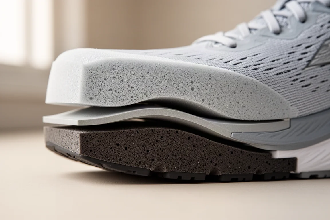 Close-up van het tussenzool van een hardloopschoen met een gebogen plastiek laag