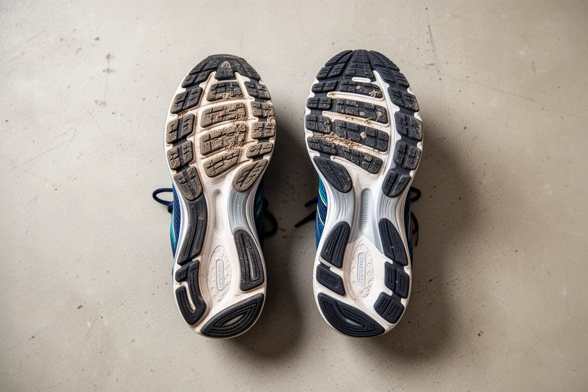 Bovenaanzicht van twee hardloopschoenen naast elkaar op een lichte vloer