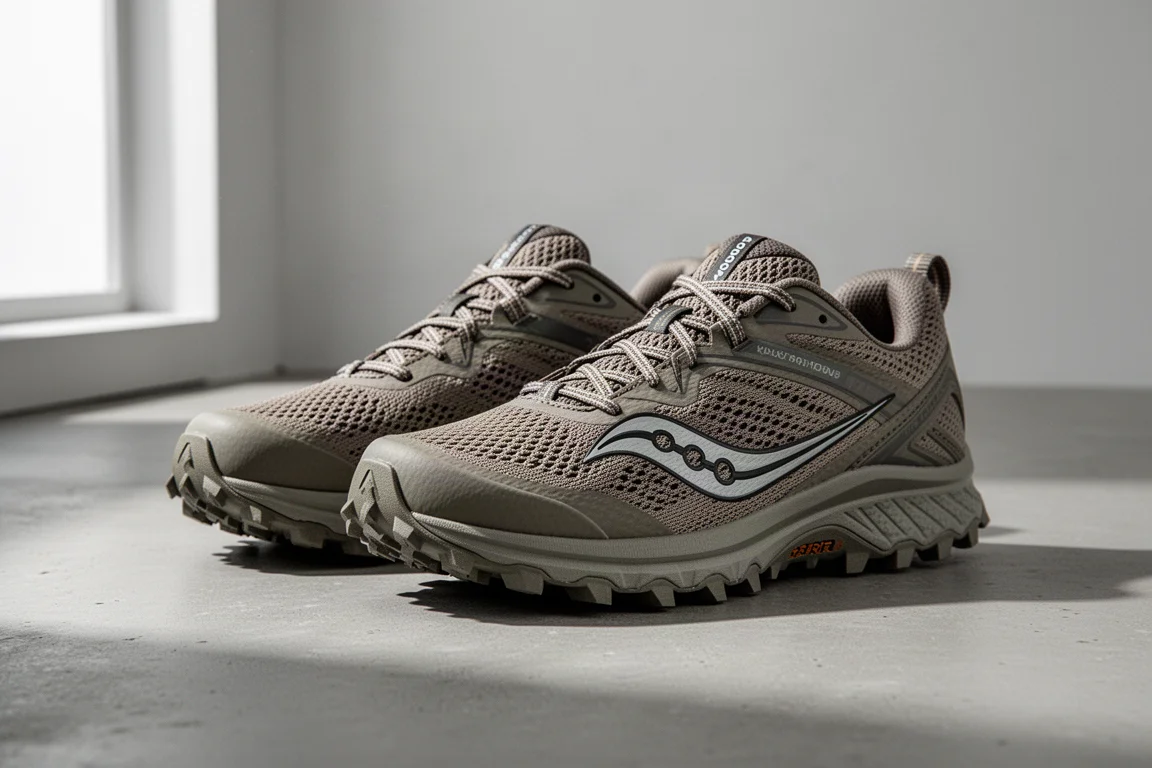 Pair of Saucony trail running shoes with lugged outsole on a concrete surface
