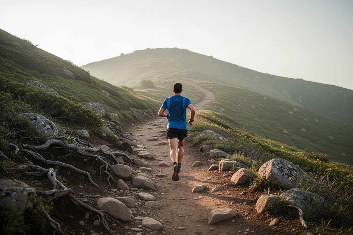 Trail runner che procede lungo un sentiero nel bosco nella luce soffusa del giorno