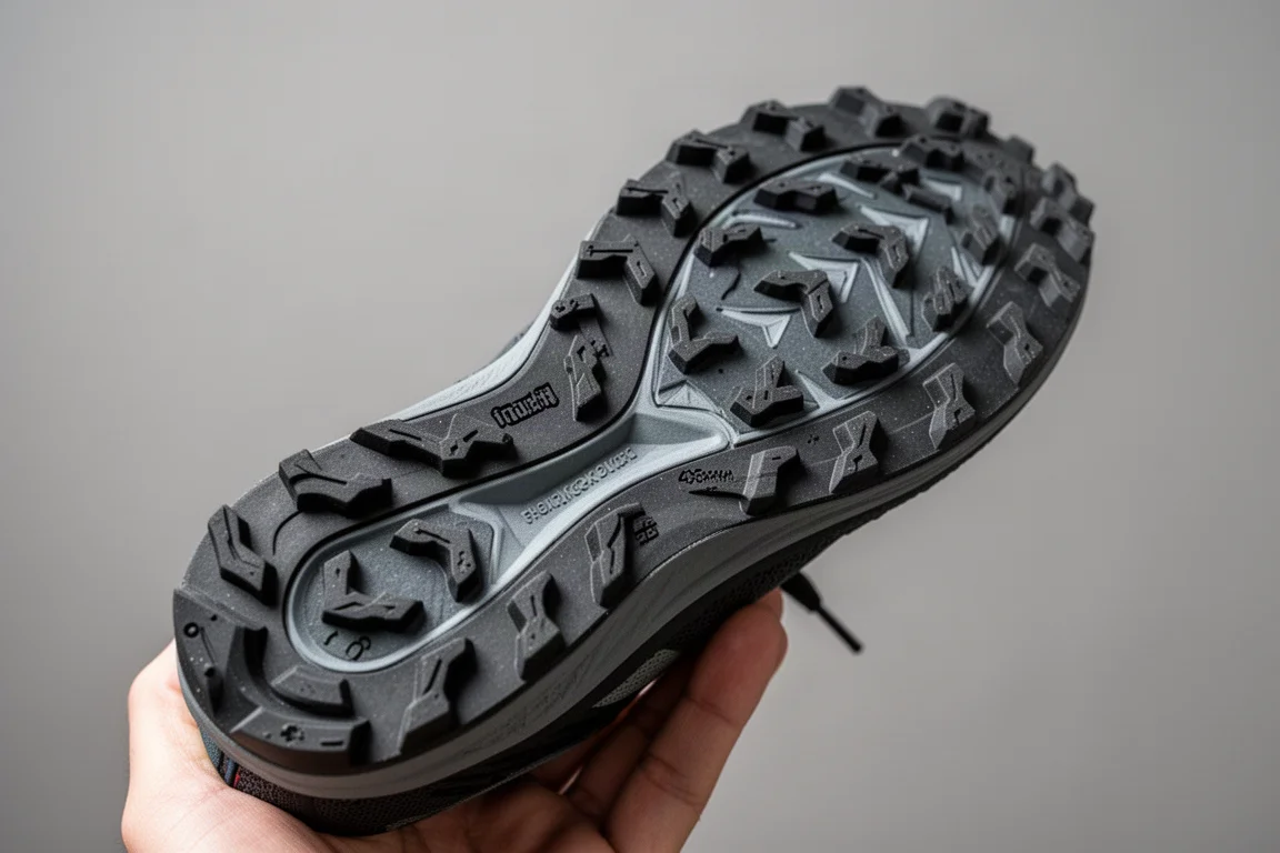 Primo piano dei tasselli a chevron profondi sulla suola di una scarpa trail
