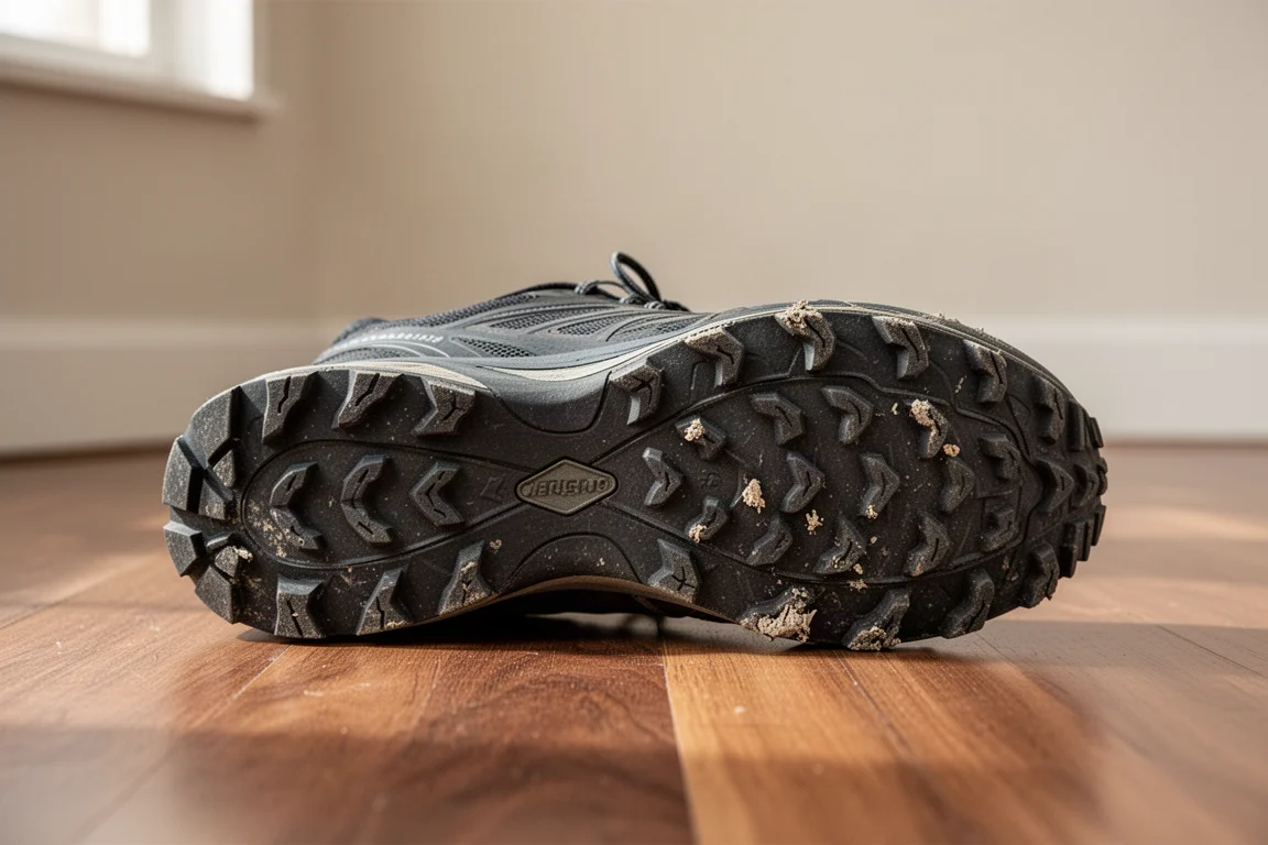 Scarpa trail appoggiata su una panchina di legno dopo una lunga corsa