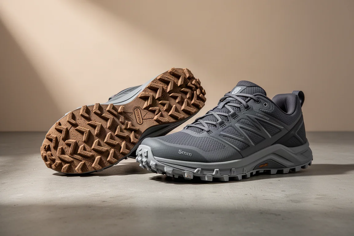 Two trail running shoes side by side on a matte concrete surface