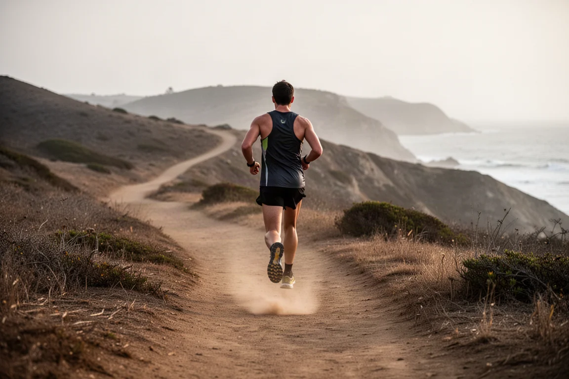 Trail runner on a compacted dirt path with dry coastal hills in the background