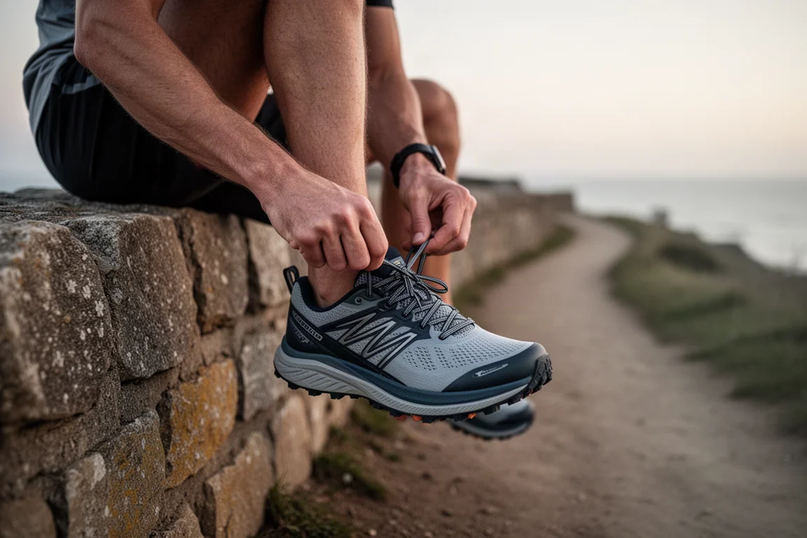 Runner adjusting laces on the trail shoe beside a coastal trail