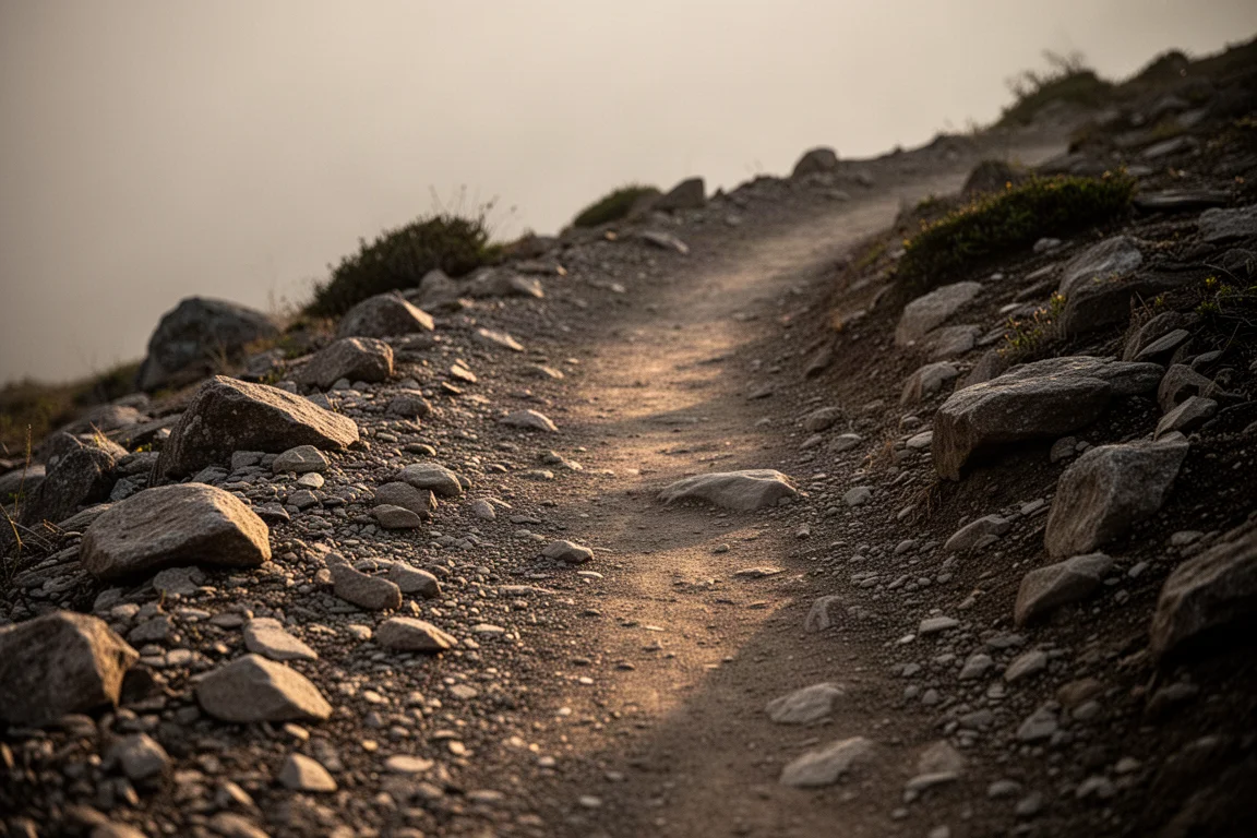 Rocky trail section with loose gravel under low evening light