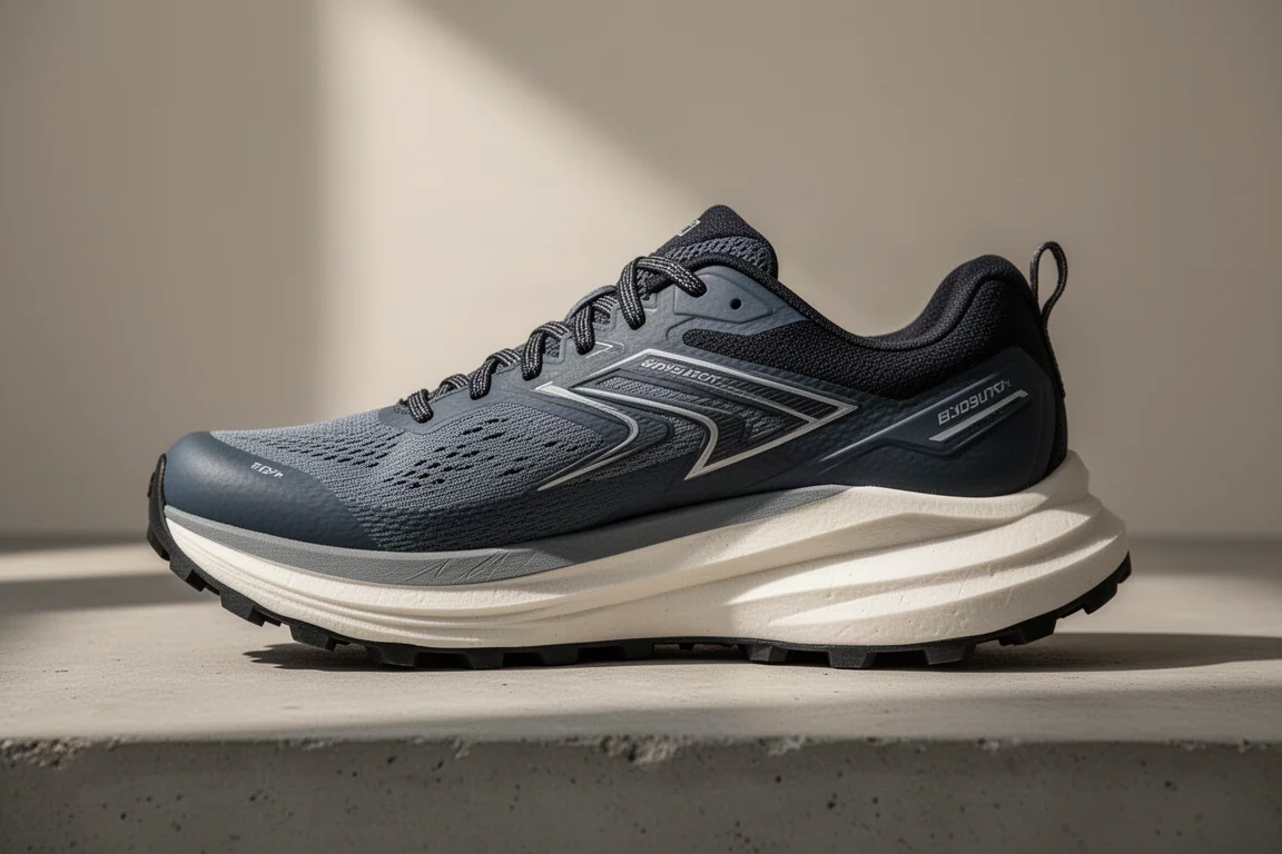 Gros plan sur la semelle intermédiaire à double couche d'une chaussure de trail