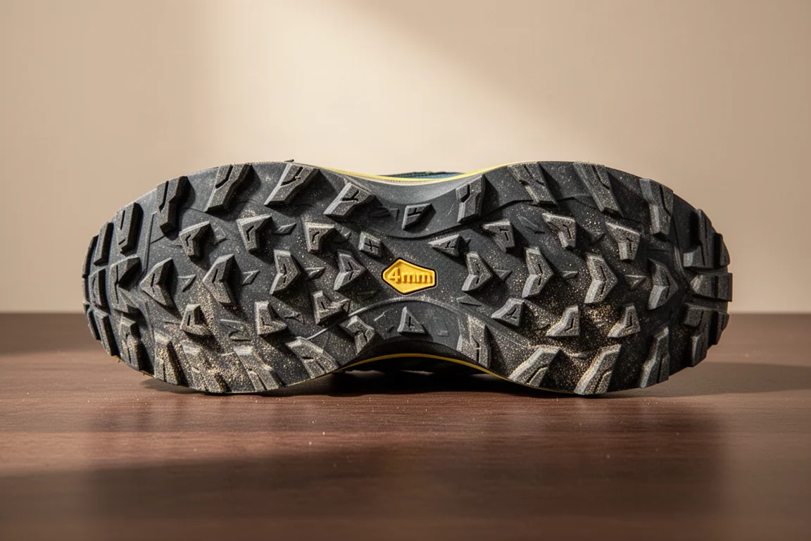Chaussure de trail posée sur un chemin de terre à côté de l'équipement d'un coureur