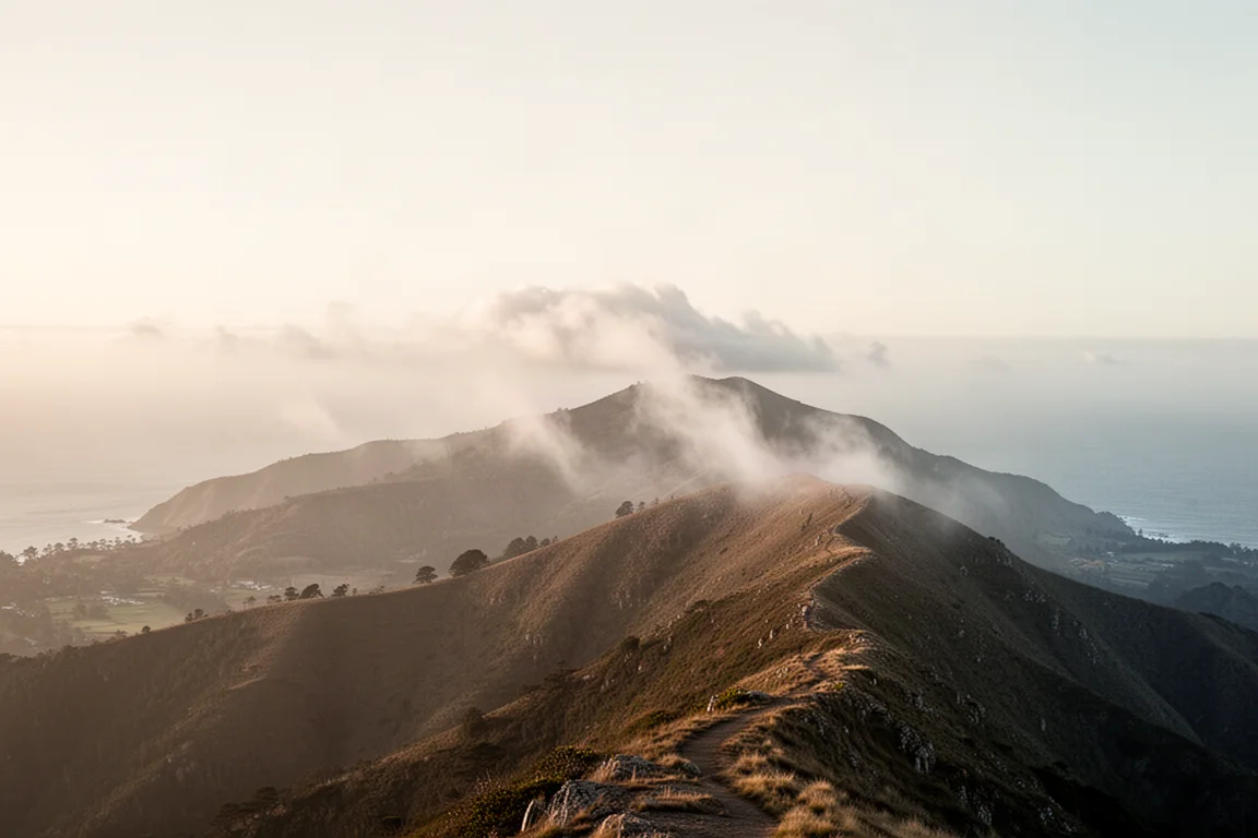 Vista panorámica desde una cima de montaña con colinas costeras brumosas
