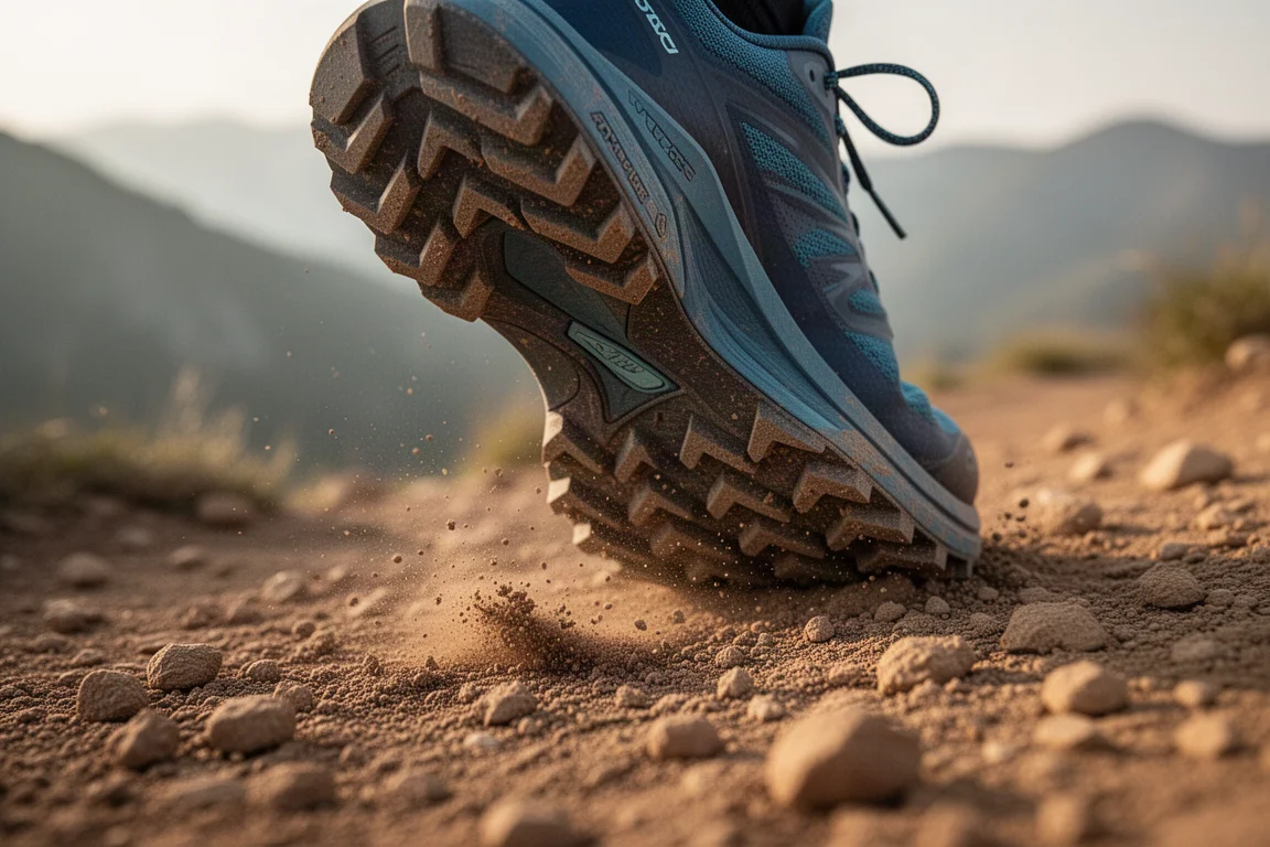Tacones de trail en forma de chevrón agarrándose a la tierra suelta sobre una superficie de sendero accidentado