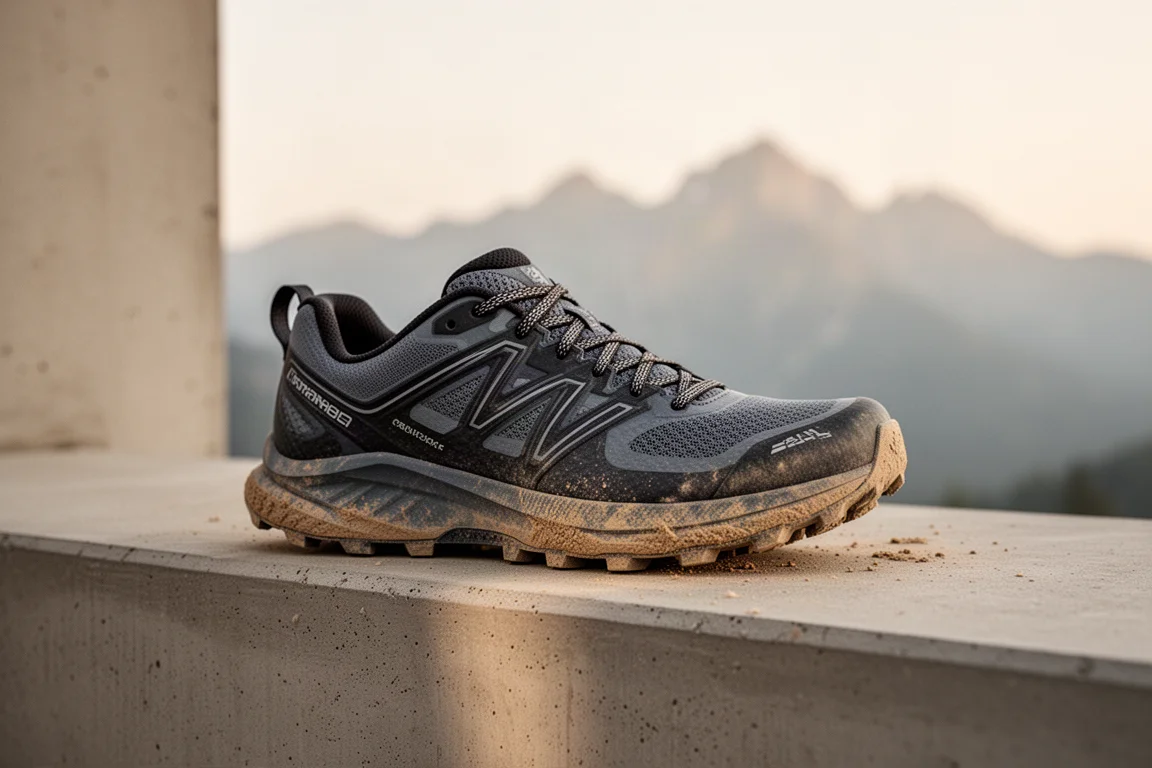 Zapatilla de trail de gran stack apoyada en un escalón de hormigón tras una larga carrera de montaña