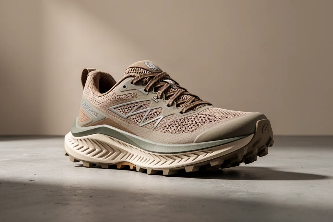 Max-stack trail running shoe with chevron lugs on a concrete surface