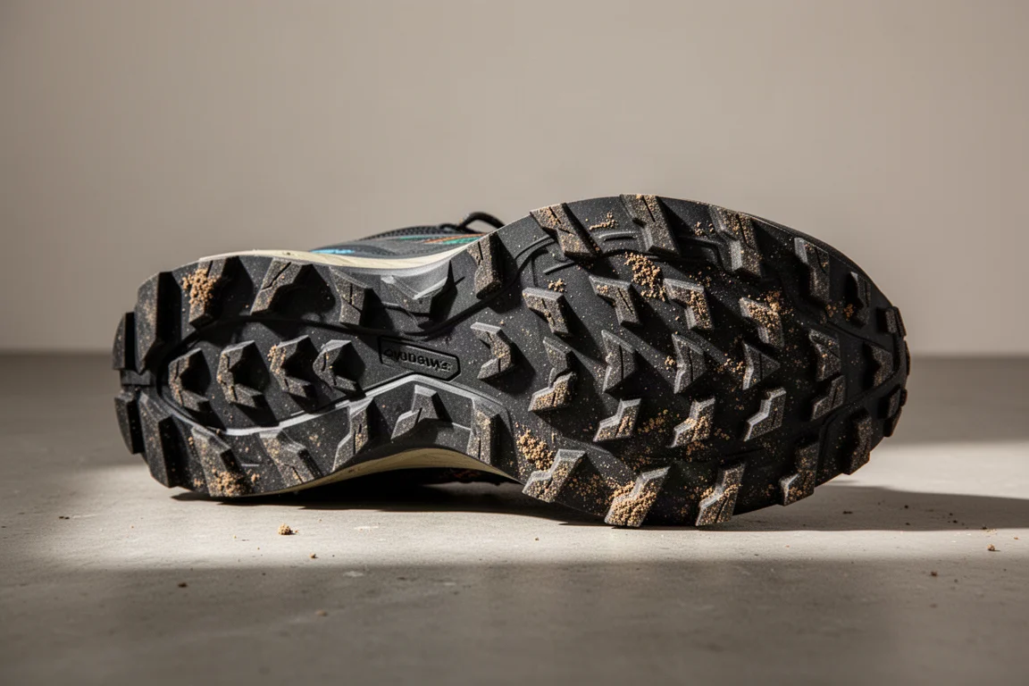 Close-up of an aggressive lug outsole on a rugged trail shoe