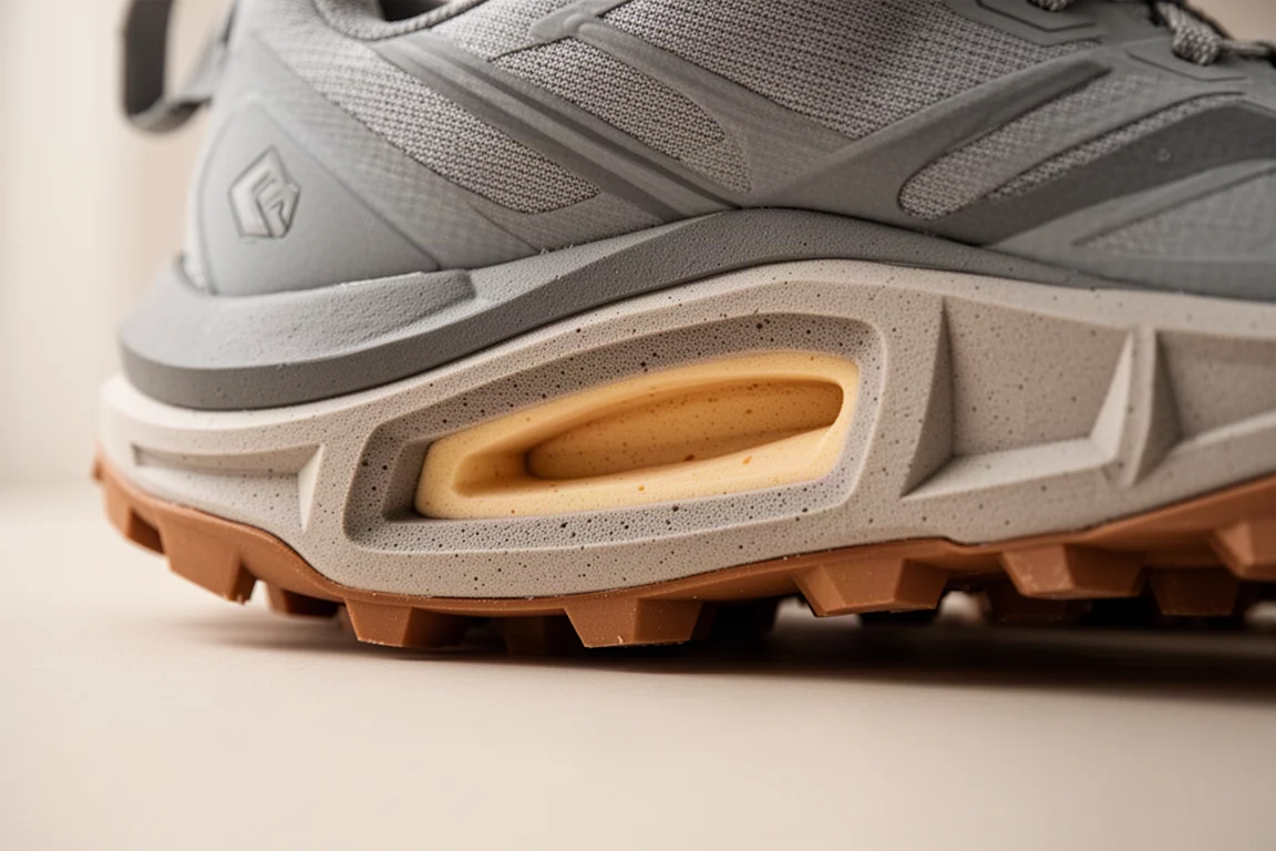 Trail shoe midsole cross-section showing dual-density foam core