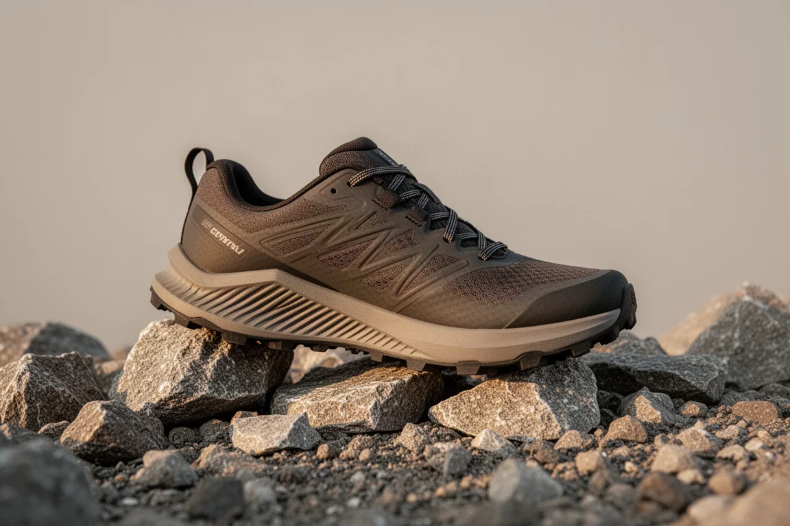 Trail shoe on rocky ground demonstrating stable neutral support
