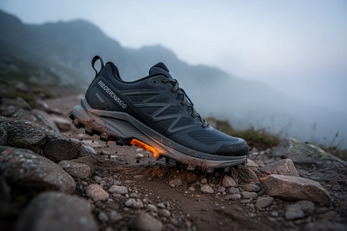 Trail runner's shoe pressing into rocky alpine terrain at dusk
