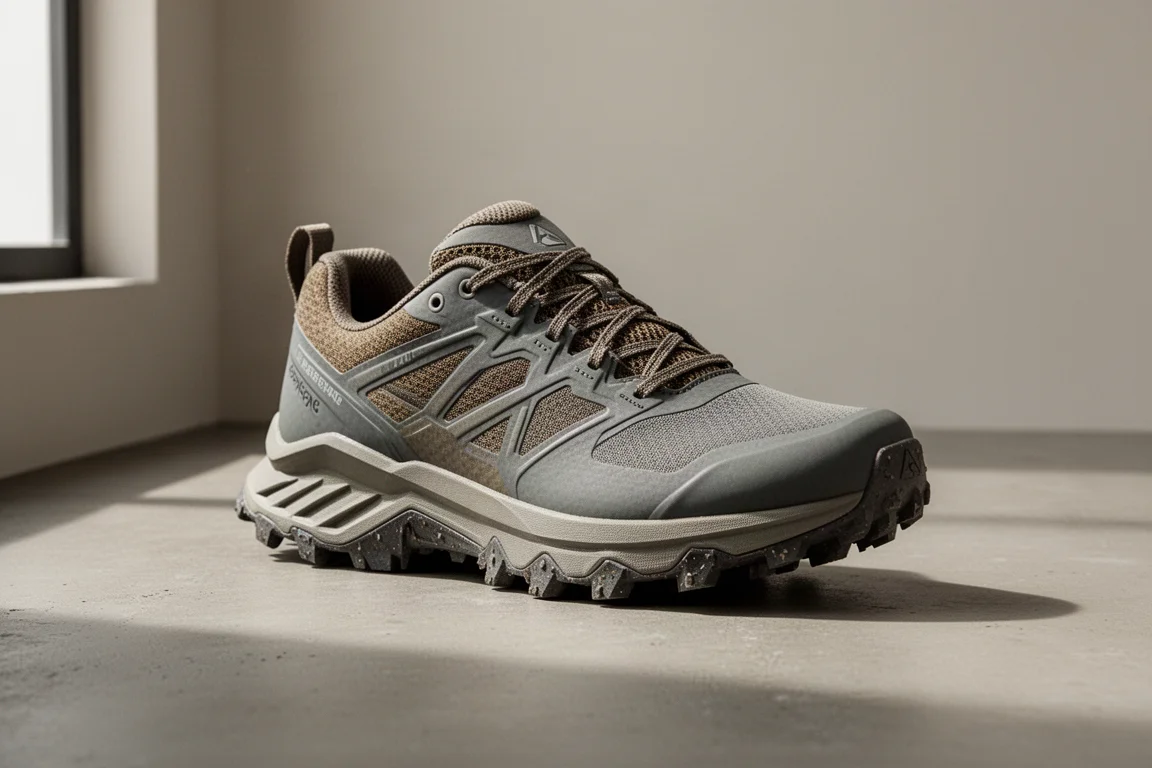 Saucony Exodus Ultra trail shoe with lug outsole on concrete surface