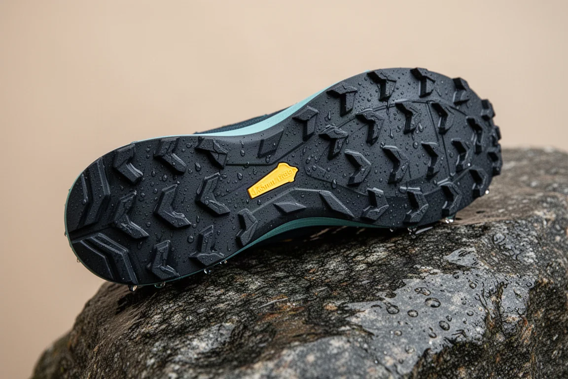 Suela de una zapatilla de trail con tacos de 4.5mm apoyada sobre granito mojado