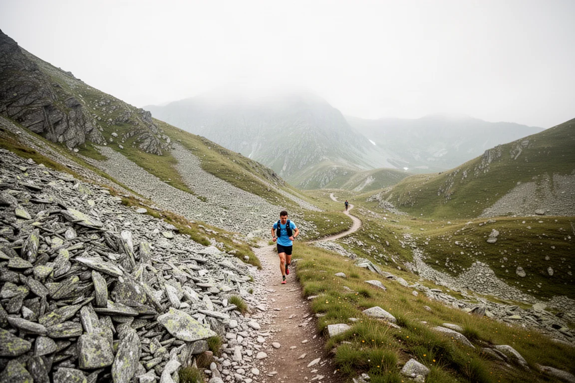 Sendero de una ultramaratón de montaña serpenteando por terreno alpino de gran altitud