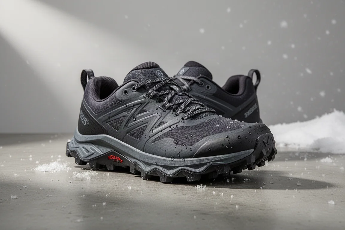 Saucony Exodus Ultra RunShield trail shoe on concrete with light snow