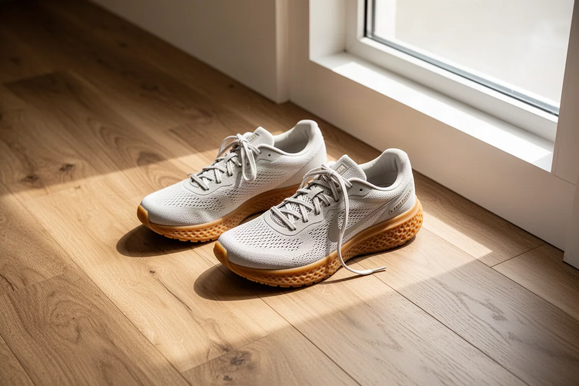 Un runner che allaccia una scarpa da running a profilo basso su un pavimento in legno