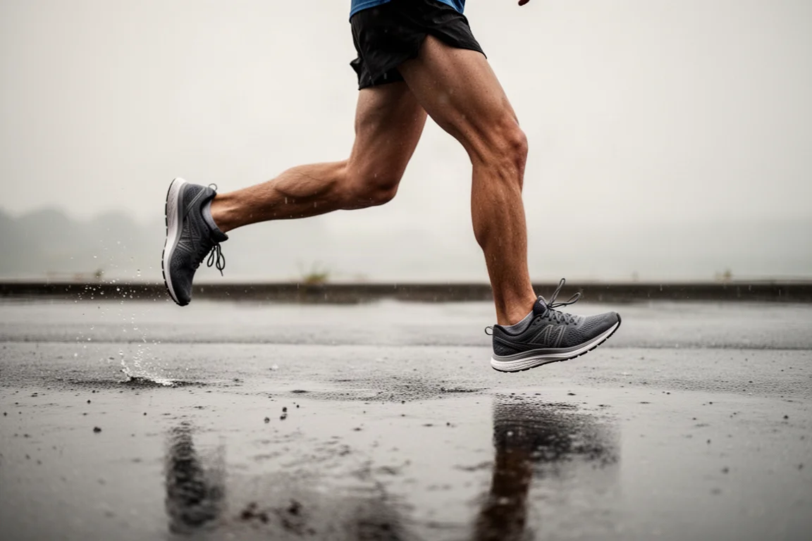 Un runner su asfalto bagnato dopo la pioggia