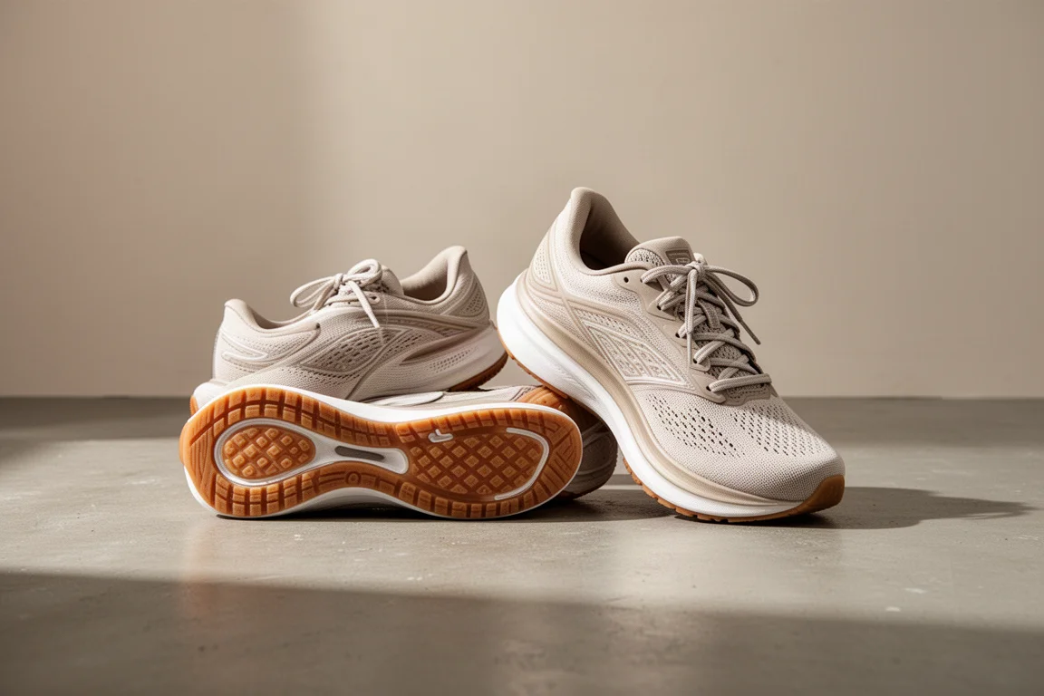 Coppia di scarpe da running a stack basso affiancate su una superficie neutra