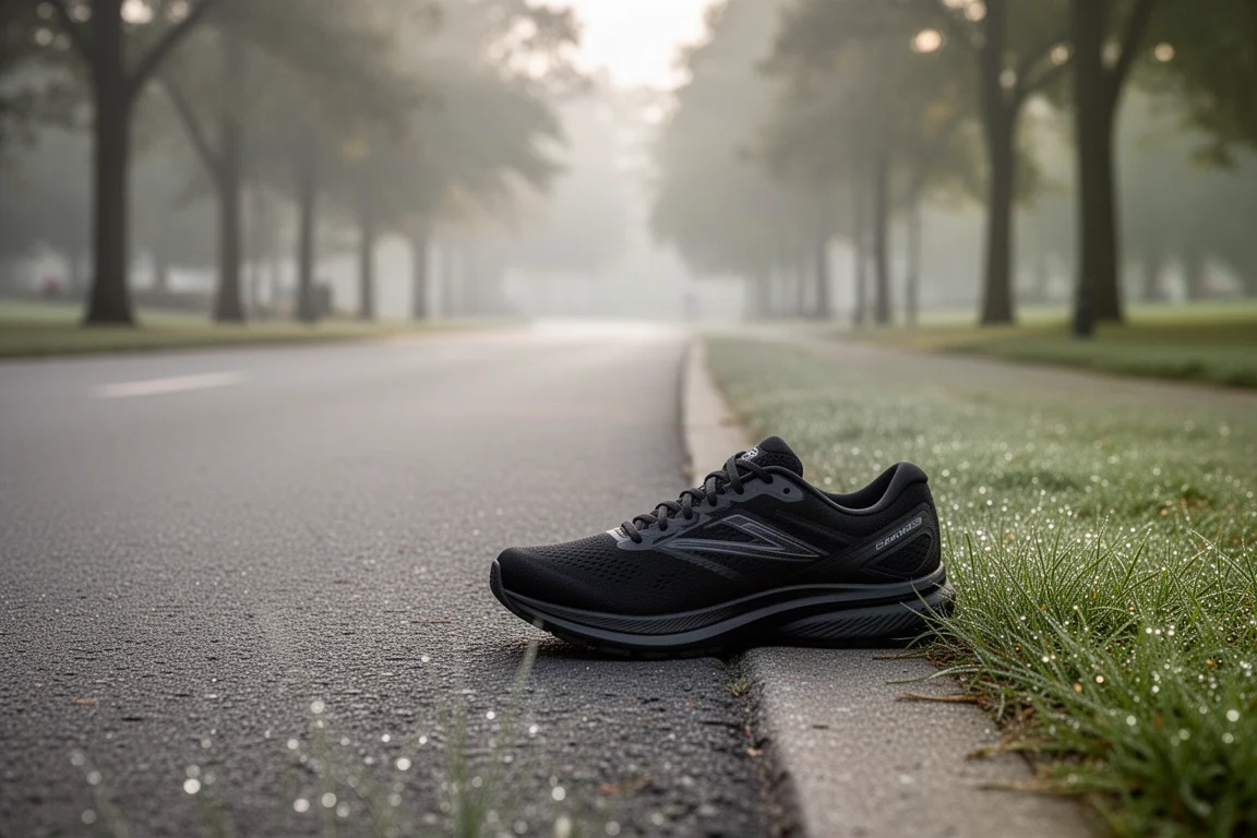Road running shoe resting on asphalt beside a park path in morning light
