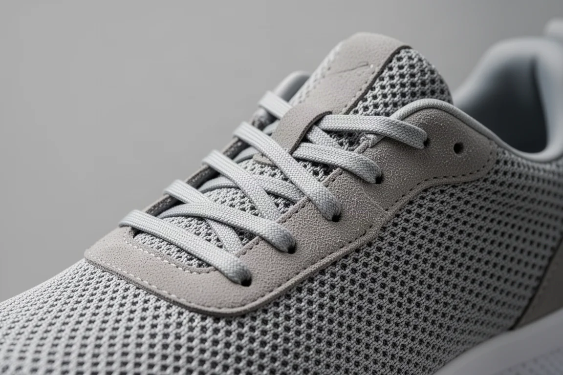 Close-up of an engineered mesh running shoe upper with a lacing system