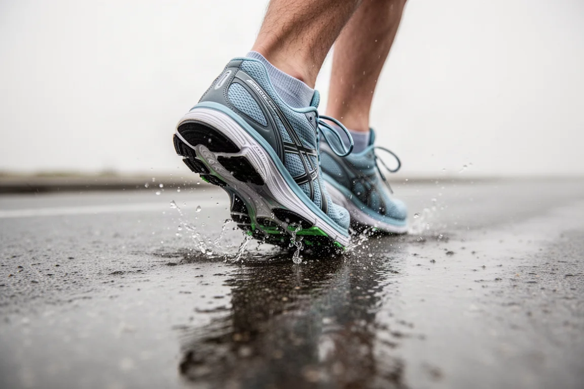 Runner's feet landing on wet pavement on a spring day