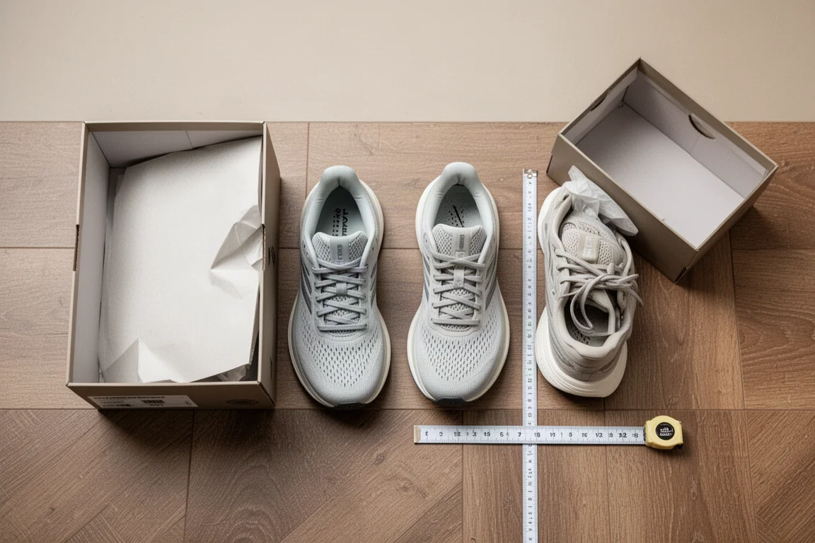 Shoe boxes and running shoes on a wooden floor for an at-home size comparison