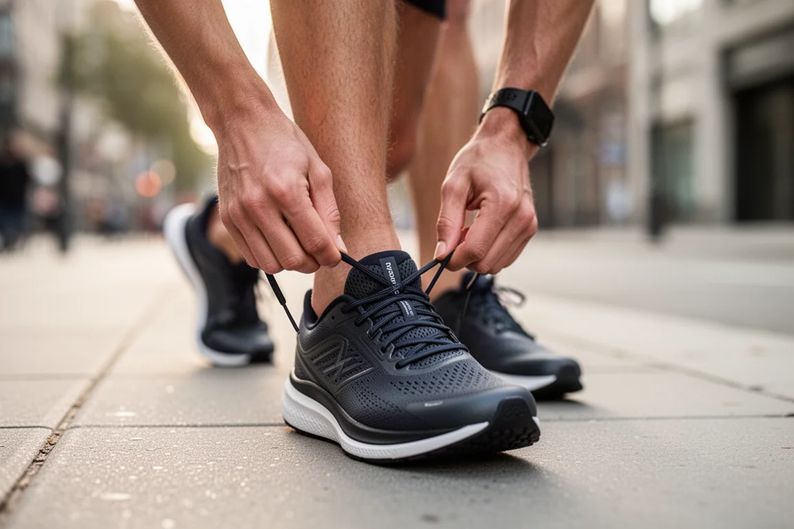 Runner tying the laces of a snug performance running shoe on a city sidewalk