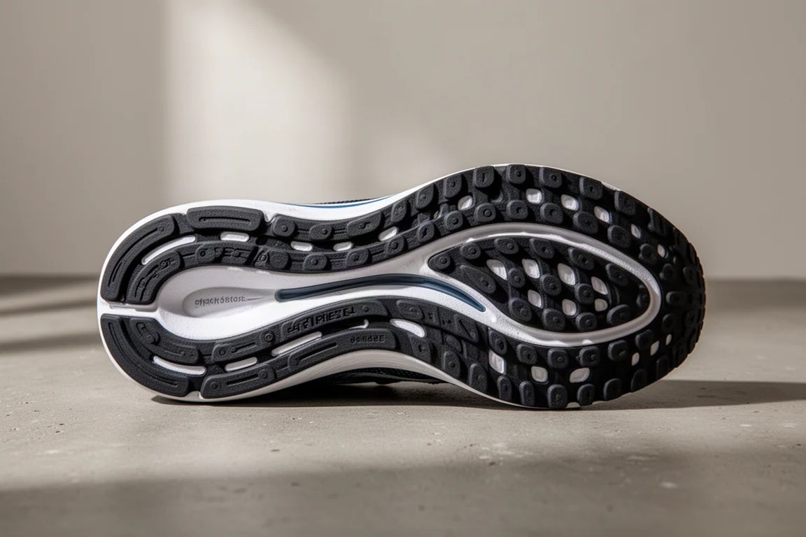 Full-contact outsole of a running shoe showing thick rubber coverage on concrete