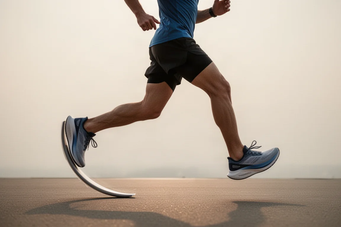 Runner rolling forward on a high-stack rockered trainer on smooth pavement