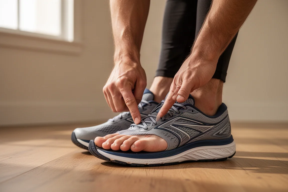 Person testing the fit of a running shoe by checking toe space while standing