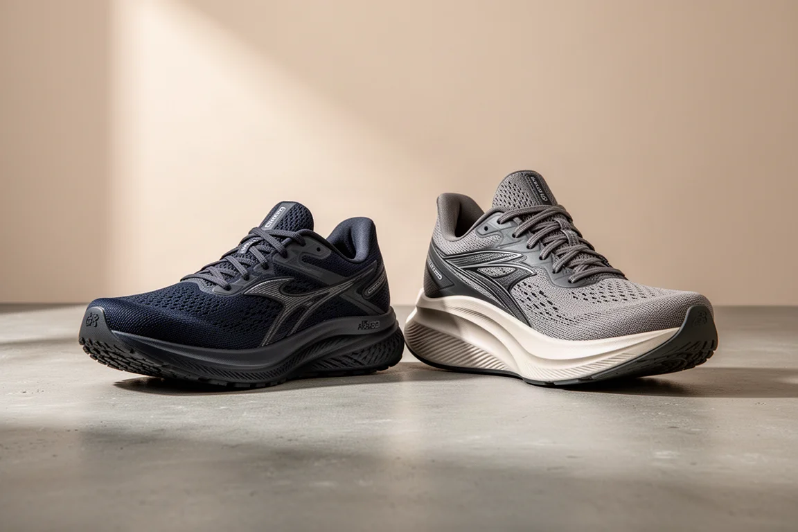 Saucony Freedom 5 and Saucony Axon 2 running shoes side by side on concrete