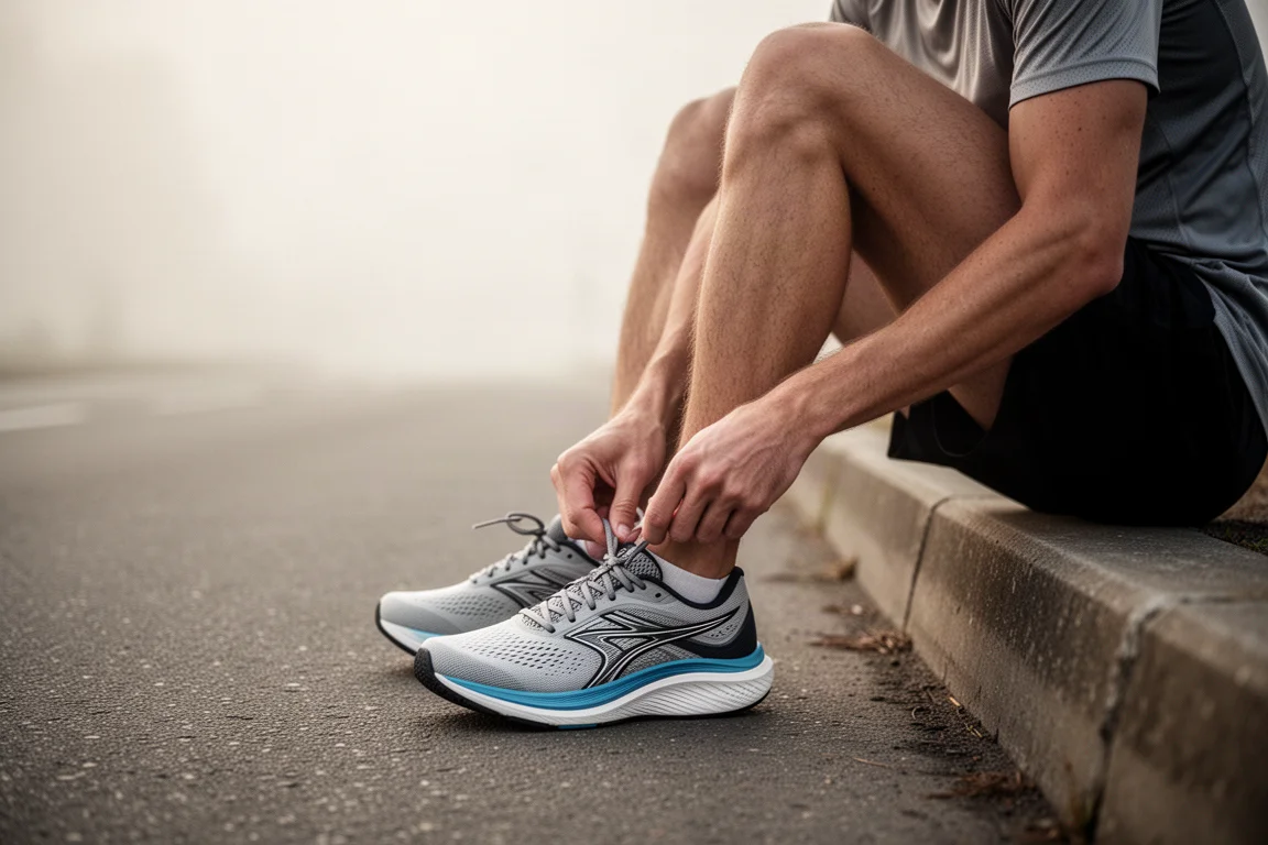 Runner lacing up a modern stability running shoe on a wooden floor