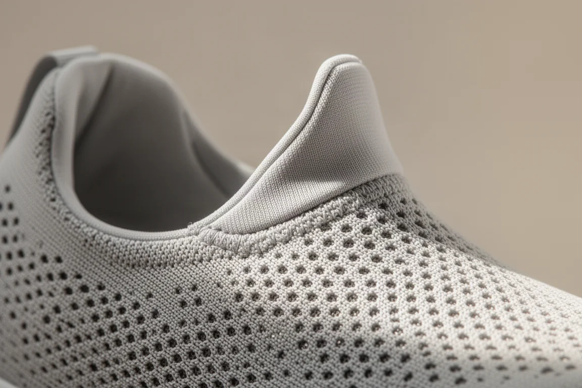 Close-up of a running shoe midsole showing cushioned foam and medial arch support