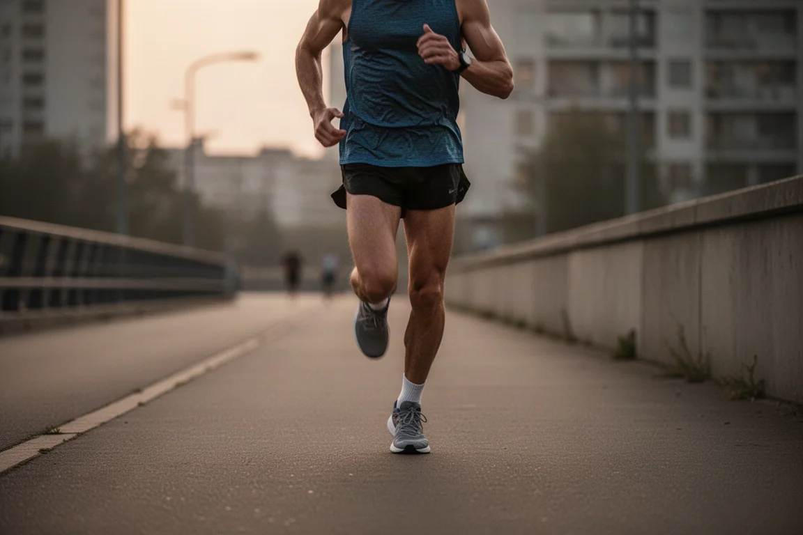Two running shoes side by side on a concrete surface in soft light