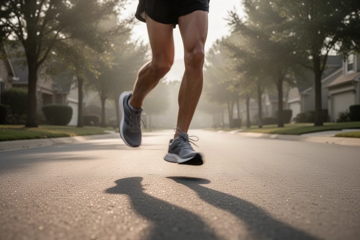 Coureur enchaînant les kilomètres quotidiens sur une route pavée tranquille dans une douce lumière matinale