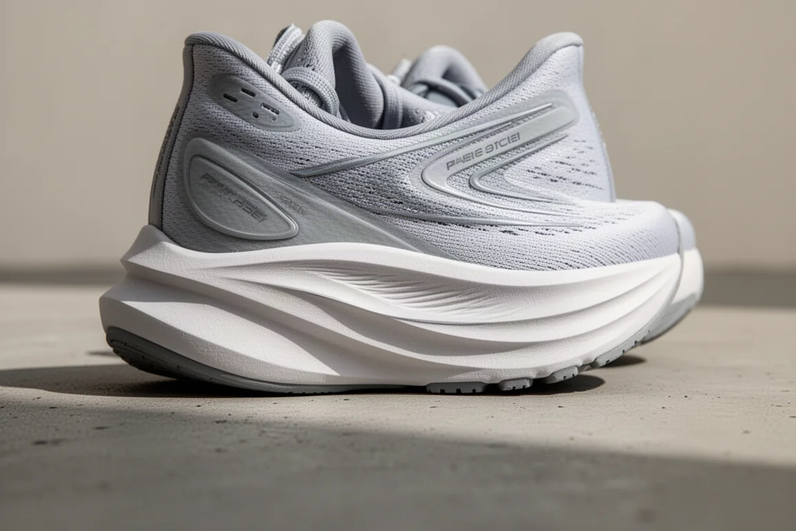 Gros plan sur la semelle intermédiaire d'une chaussure de running montrant un talon épais et une semelle extérieure évasée