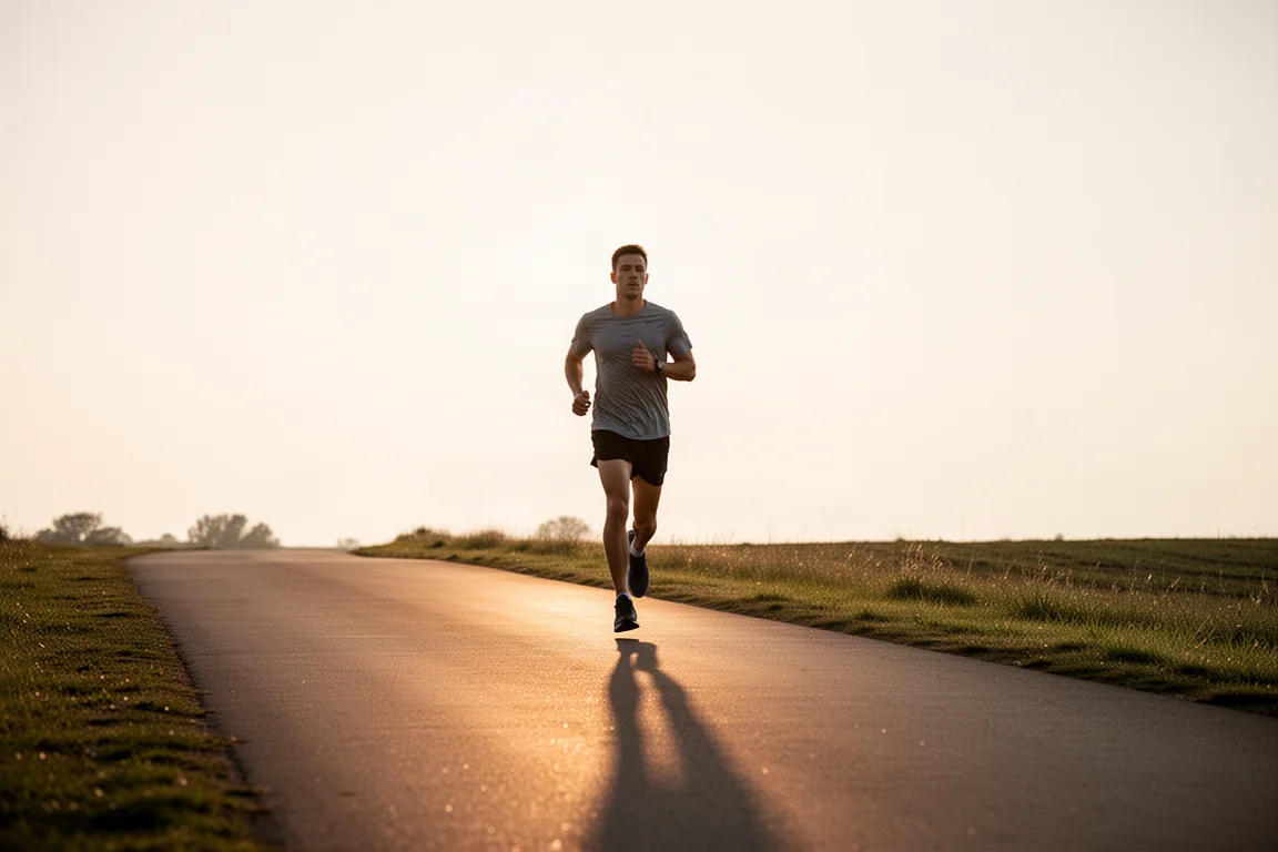Coureur terminant une longue sortie facile sur un chemin pavé à l'heure dorée