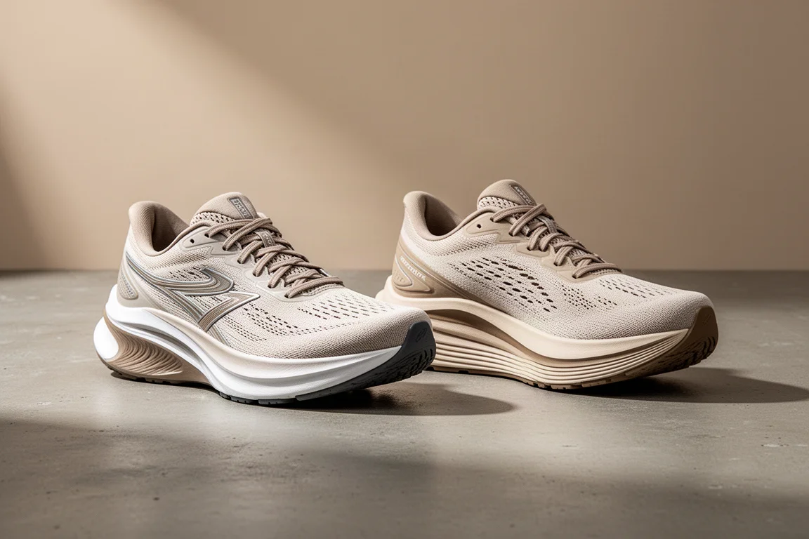 Saucony Guide 15 and Hoka Arahi 6 running shoes side by side on concrete