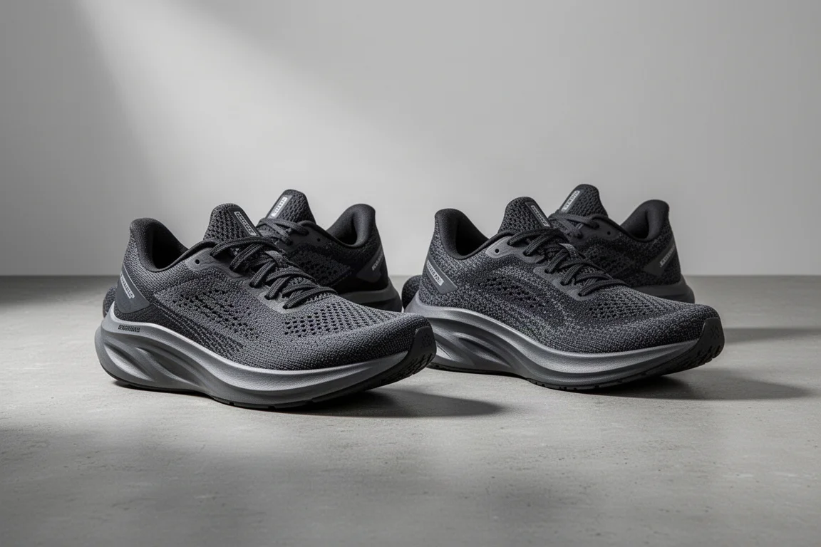 Two stability running shoes side by side on a grey concrete surface
