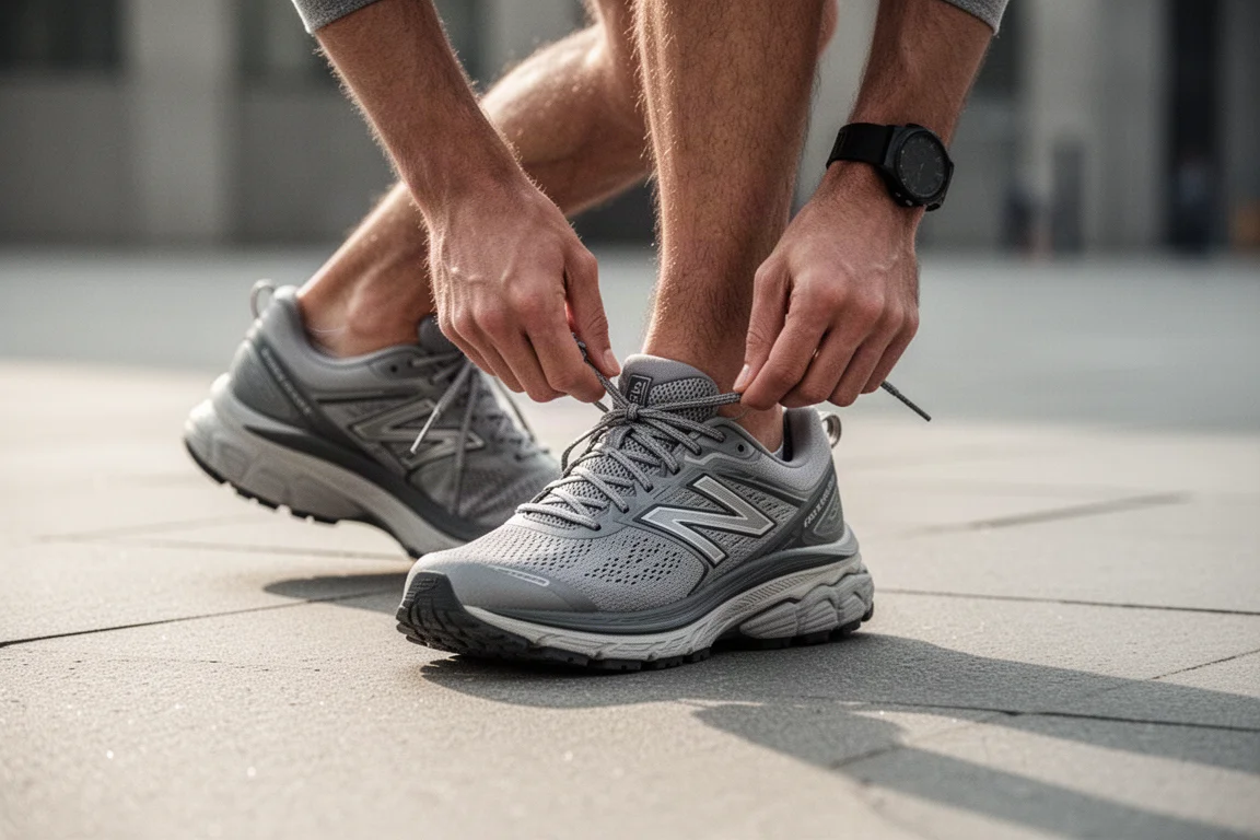 Runner che allaccia un paio di scarpe da running da stabilità su un marciapiede