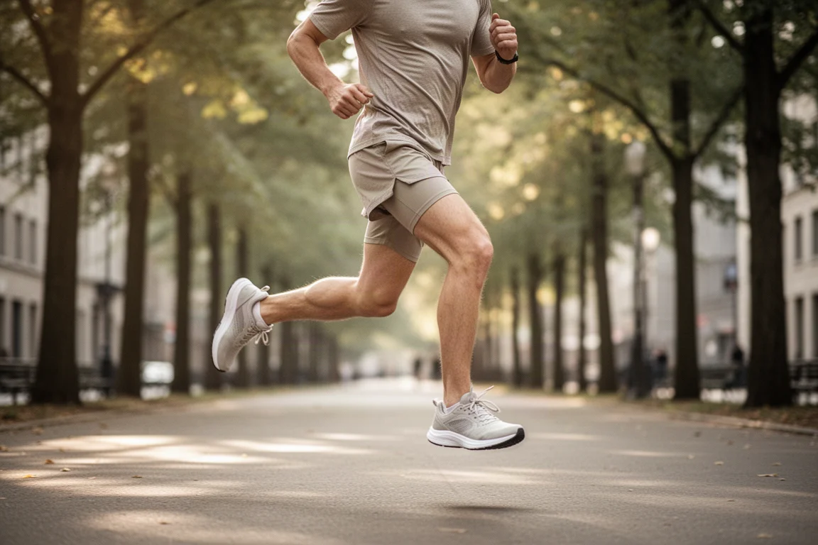 Runner che mantiene un ritmo rilassato su una strada urbana alberata