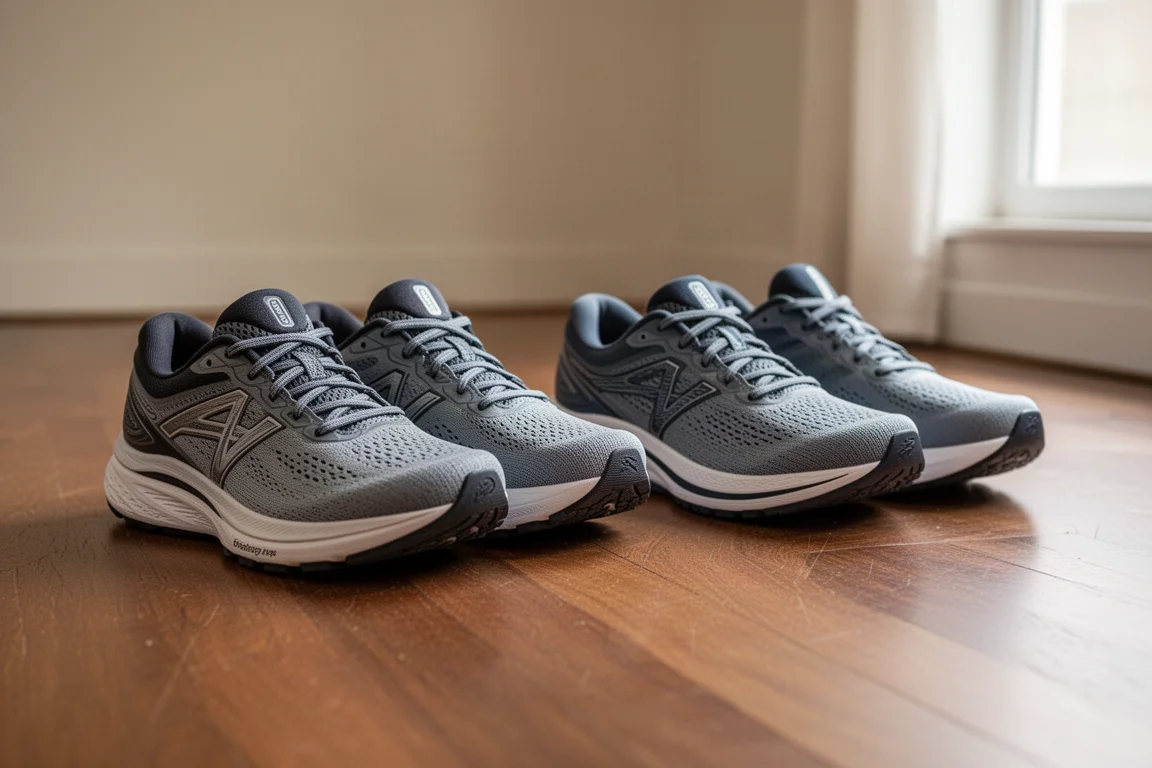 Due paia di scarpe da running affiancate su un pavimento in legno