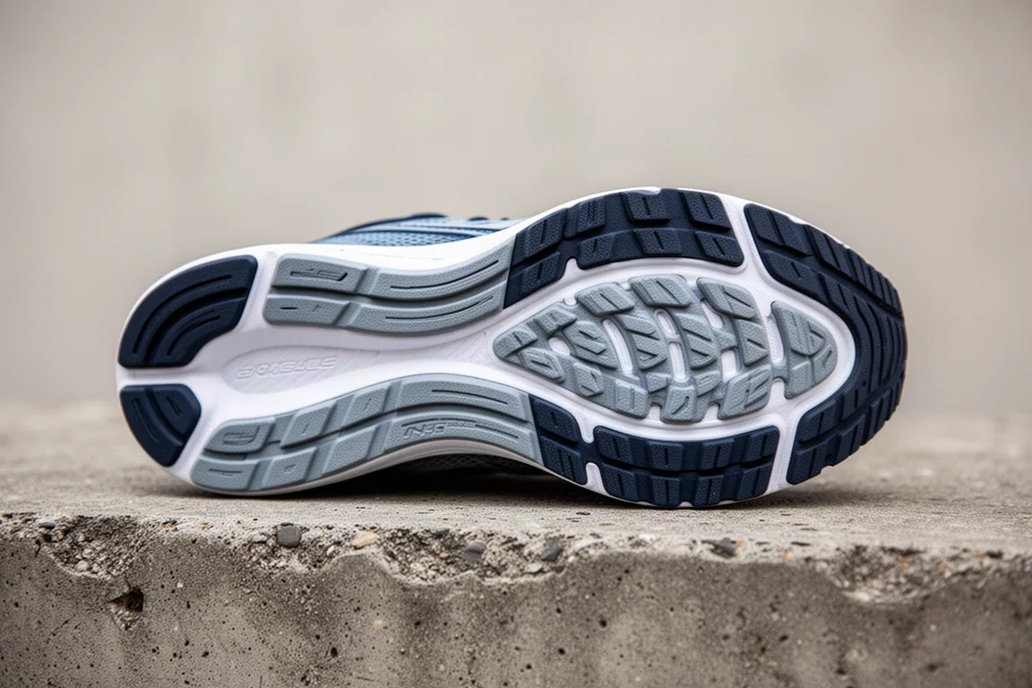 Dettaglio della suola esterna di una scarpa da running con battitura su cemento