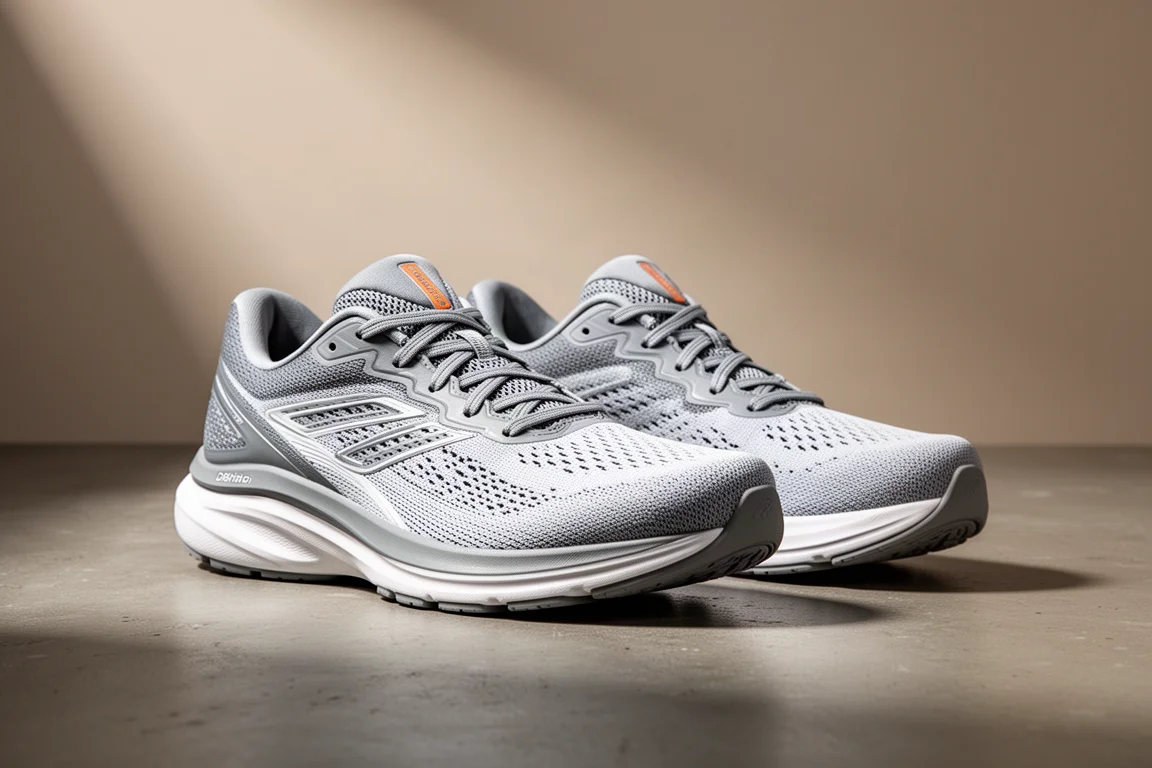 Pair of grey and white stability running shoes on a concrete surface