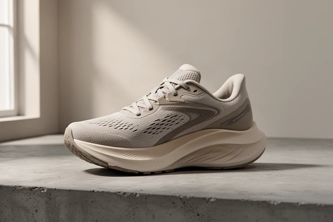 Saucony Guide 17 stability running shoe on a concrete surface showing its rockered midsole
